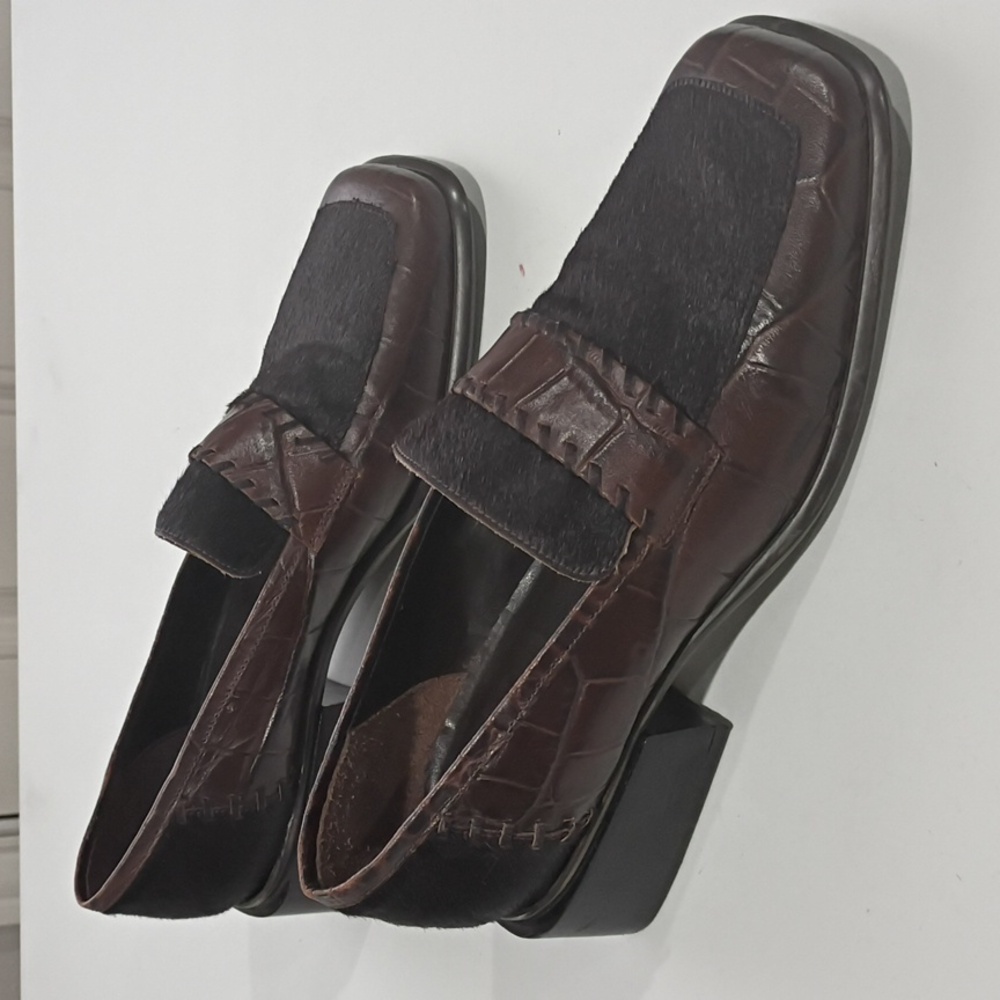 CEM Elegant Brown Leather Loafers with Faux Croc and Calf Hair Square Toe Sz 10M - Picture 6 of 16
